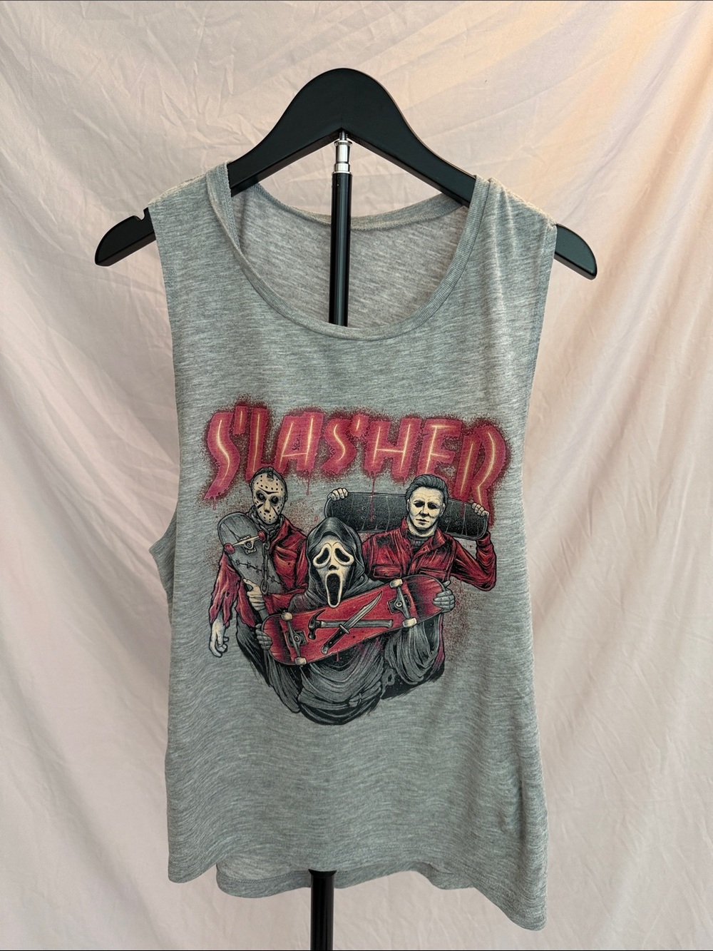Gray 'SLASHER' Graphic Muscle Tank Top - Red & Black Artwork